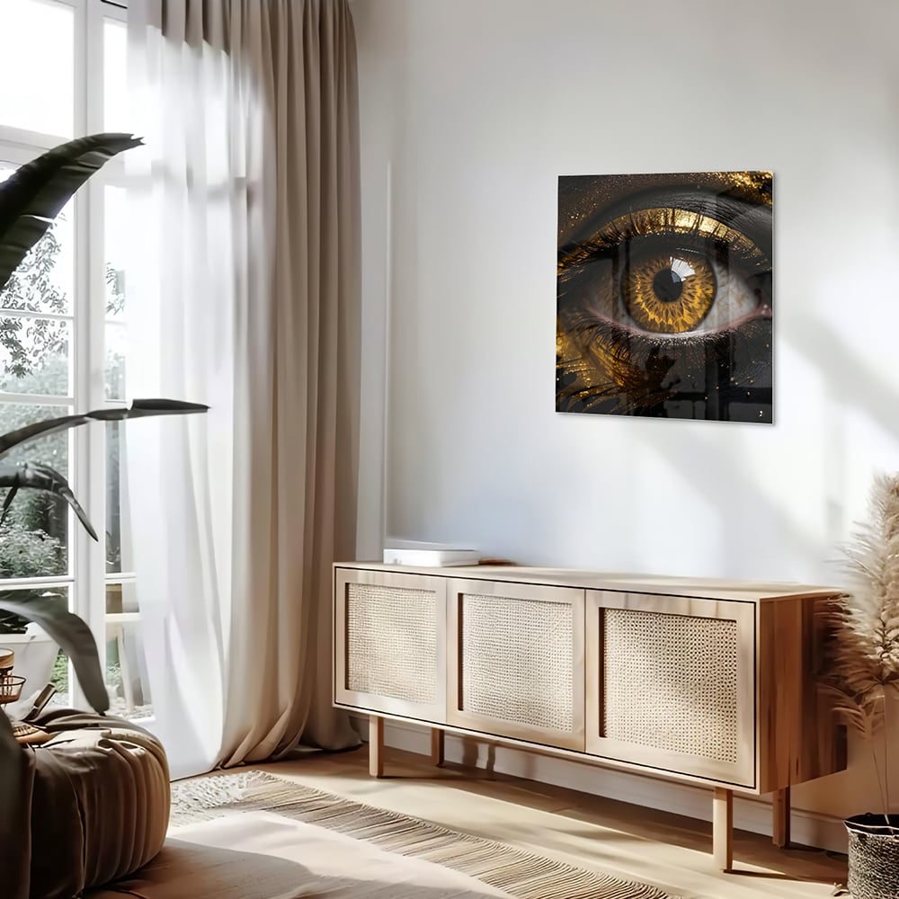 Glazen schilderij van een gouden oog op een zwarte achtergrond, hangt aan de muur.