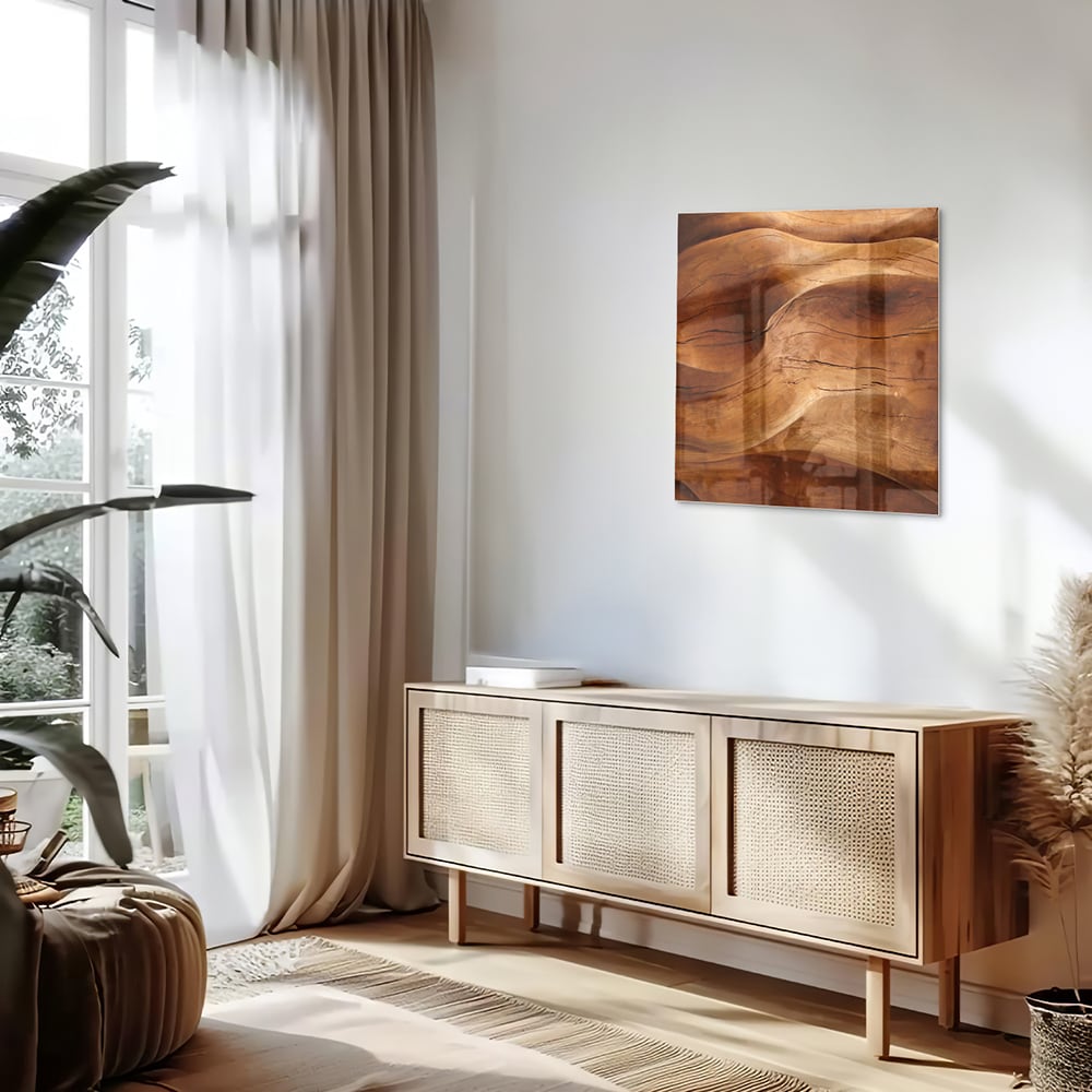 Abstract glazen schilderij met warme houttinten boven een moderne kast in een lichte woonkamer.