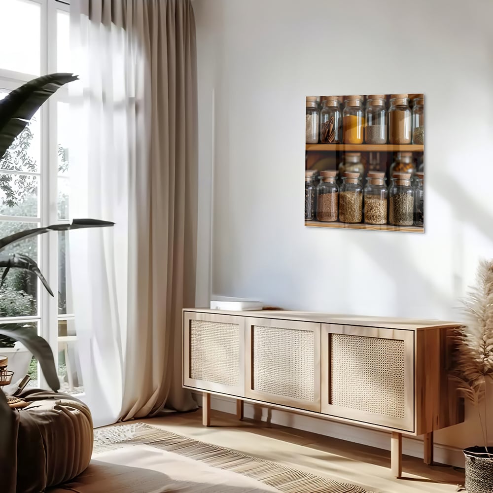Glazen schilderij met een houten plank vol Mason jars gevuld met specerijen.