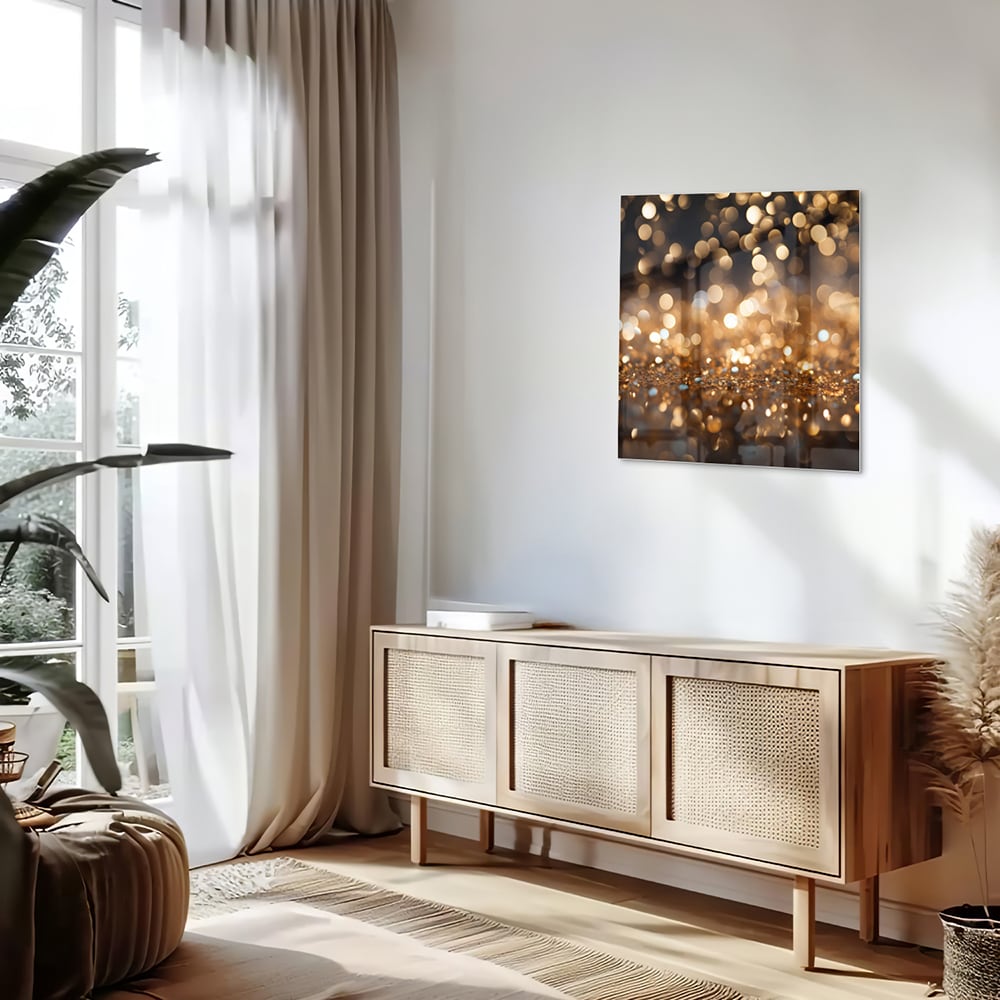 Glazen schilderij met gouden bokeh-effect aan de muur in een moderne woonkamer.