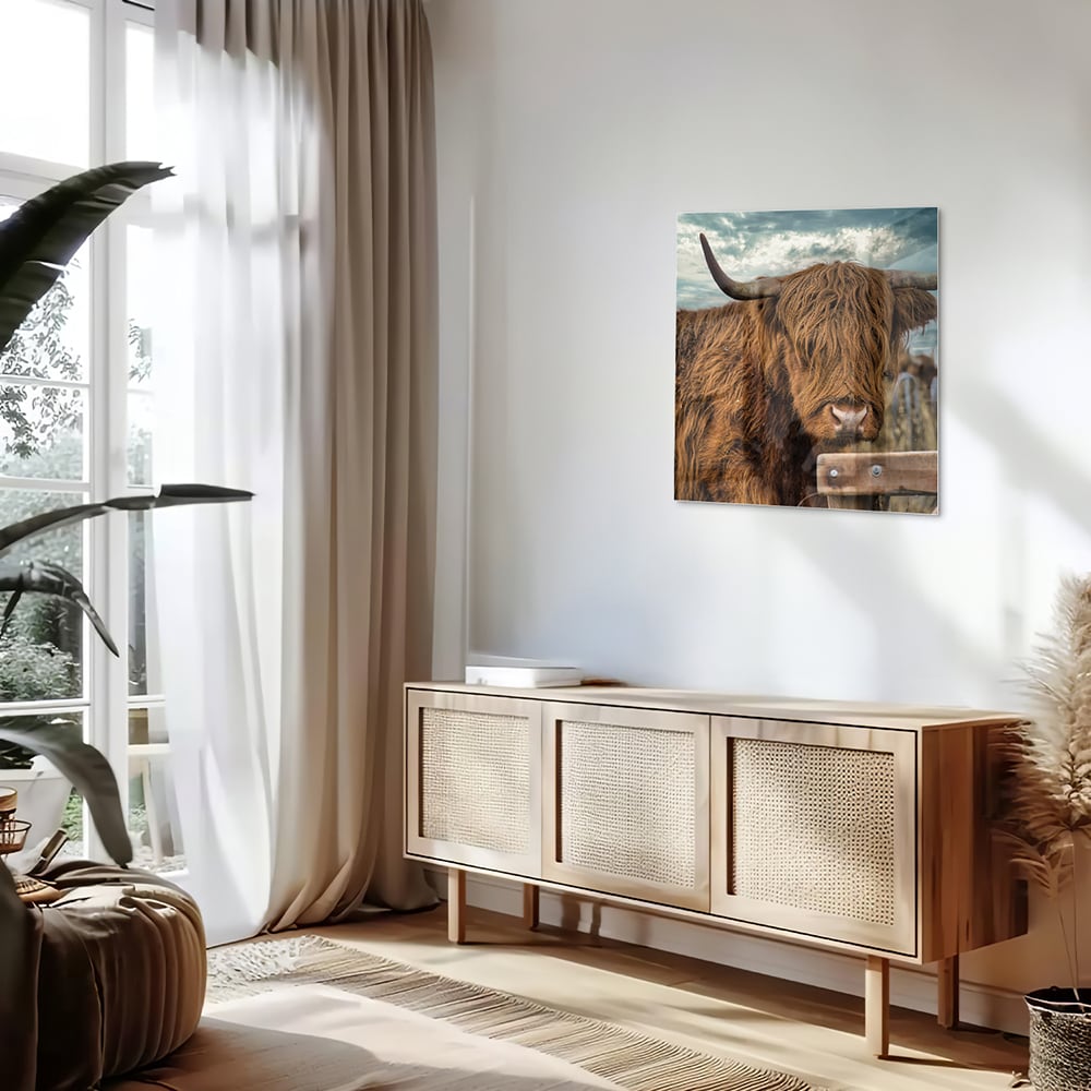 Glas schilderij van een Highlander koe met een mooie achtergrond.