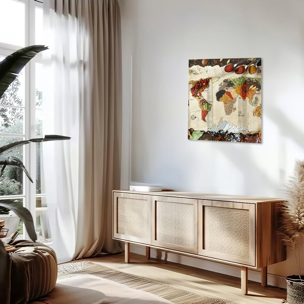 Kleurrijk glazen schilderij met een artistieke weergave van fruit en specerijen aan de muur.