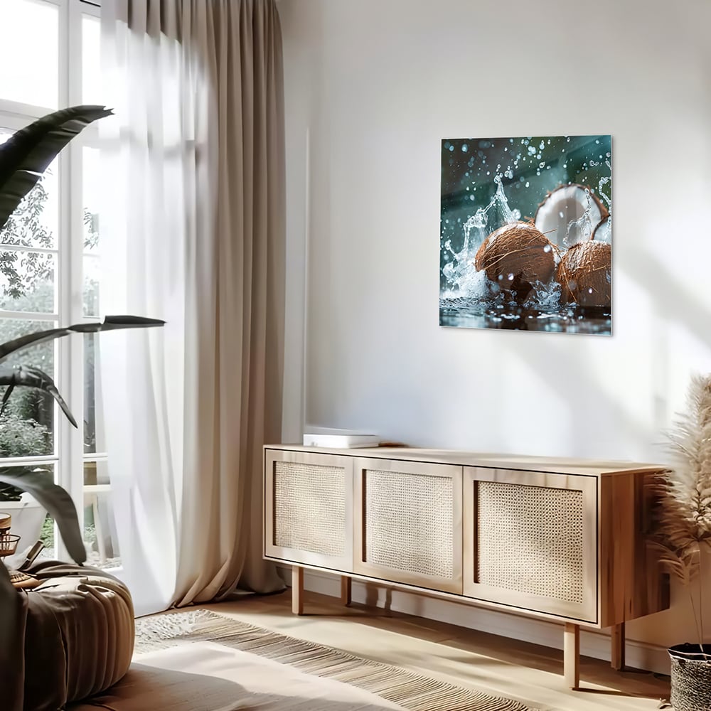 Glas schilderij van kokosnoten met spetters water, perfect voor wanddecoratie.