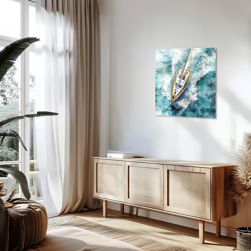 Glazen schilderij van een jacht die over een turquoise zee vaart.