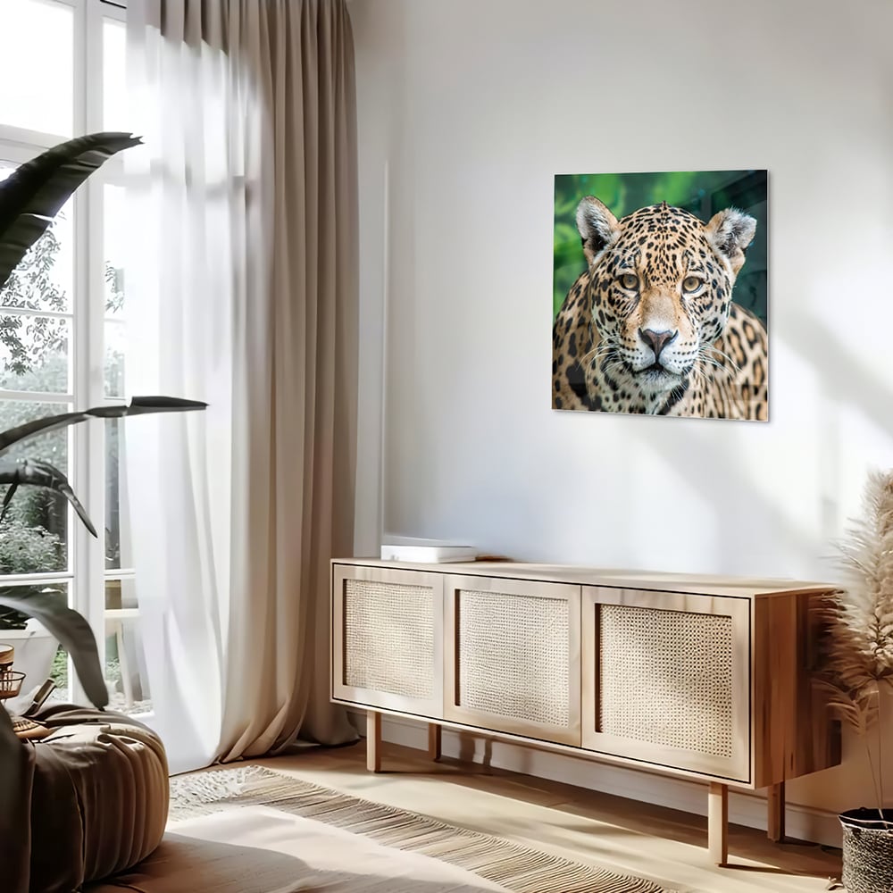 Glazen schilderij van een jaguar dat aan de muur hangt in een moderne woonkamer.