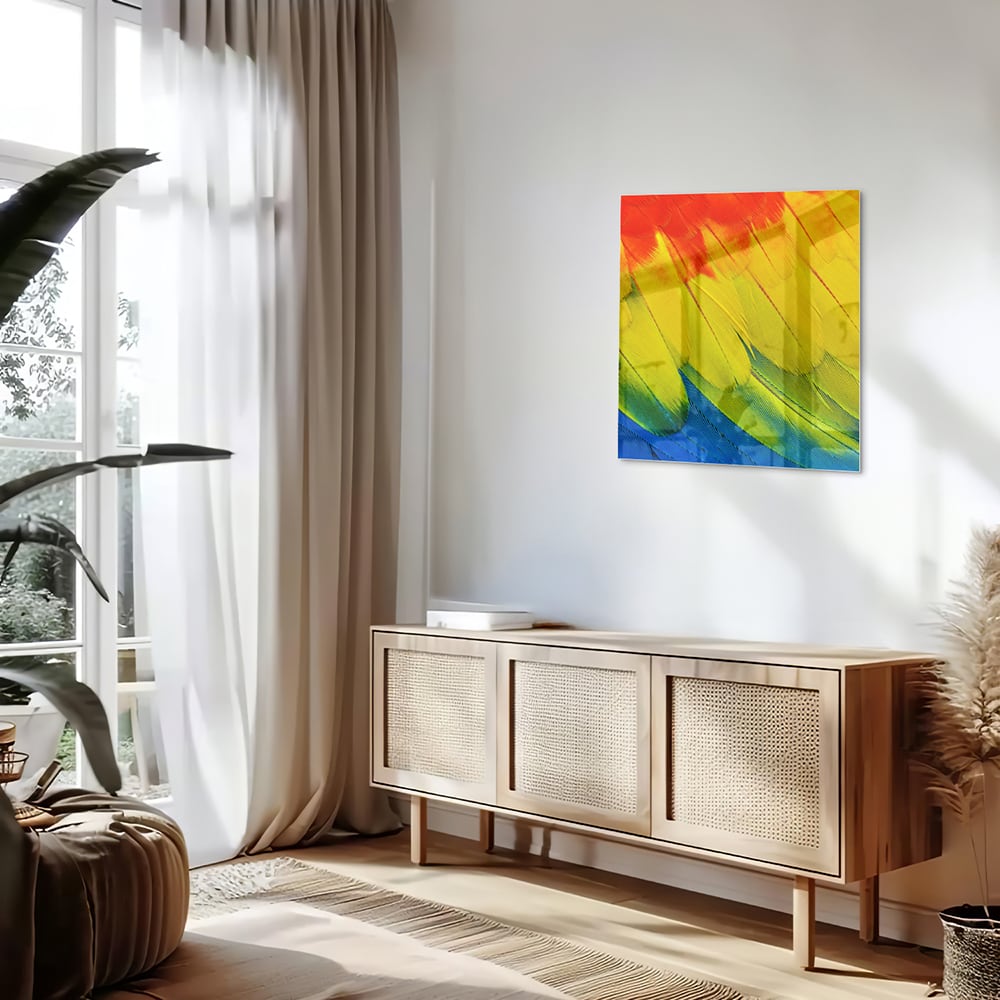 Abstract glazen schilderij met kleurrijke golven in rood, geel en blauw