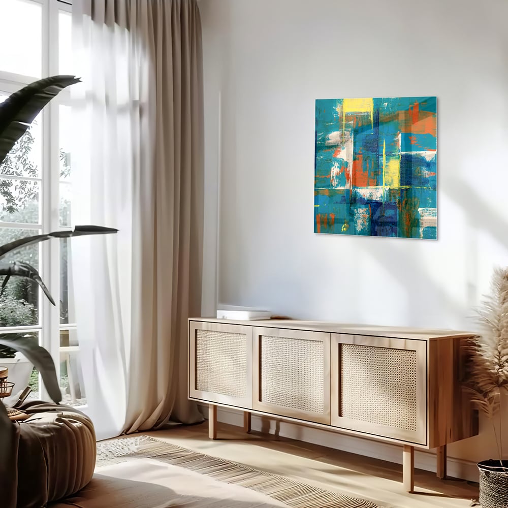 Kleurrijk abstract glazen schilderij in turquoise en oranje, genstalleerd in een moderne woonkamer.
