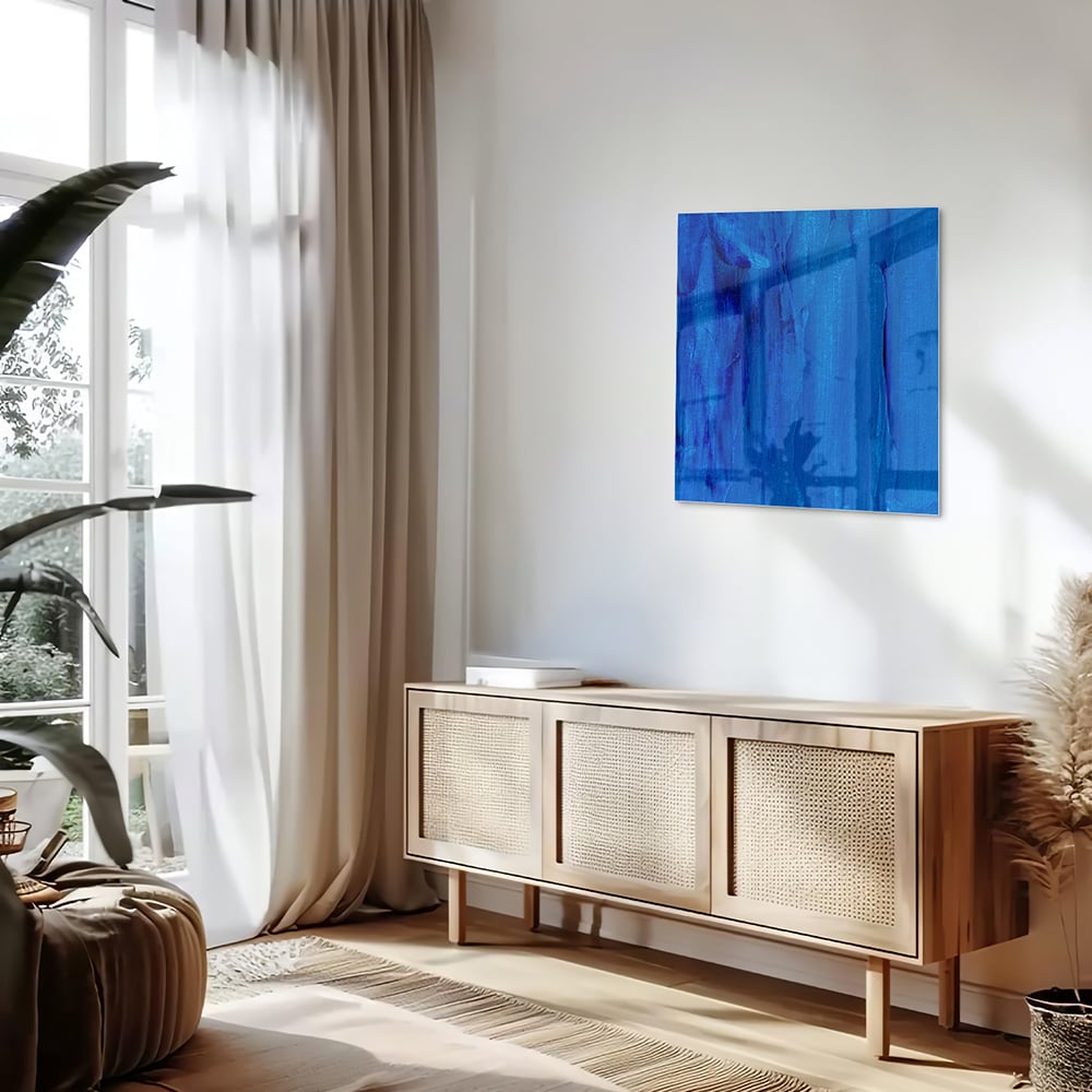Abstract glazen schilderij in blauw, perfect voor moderne inrichting