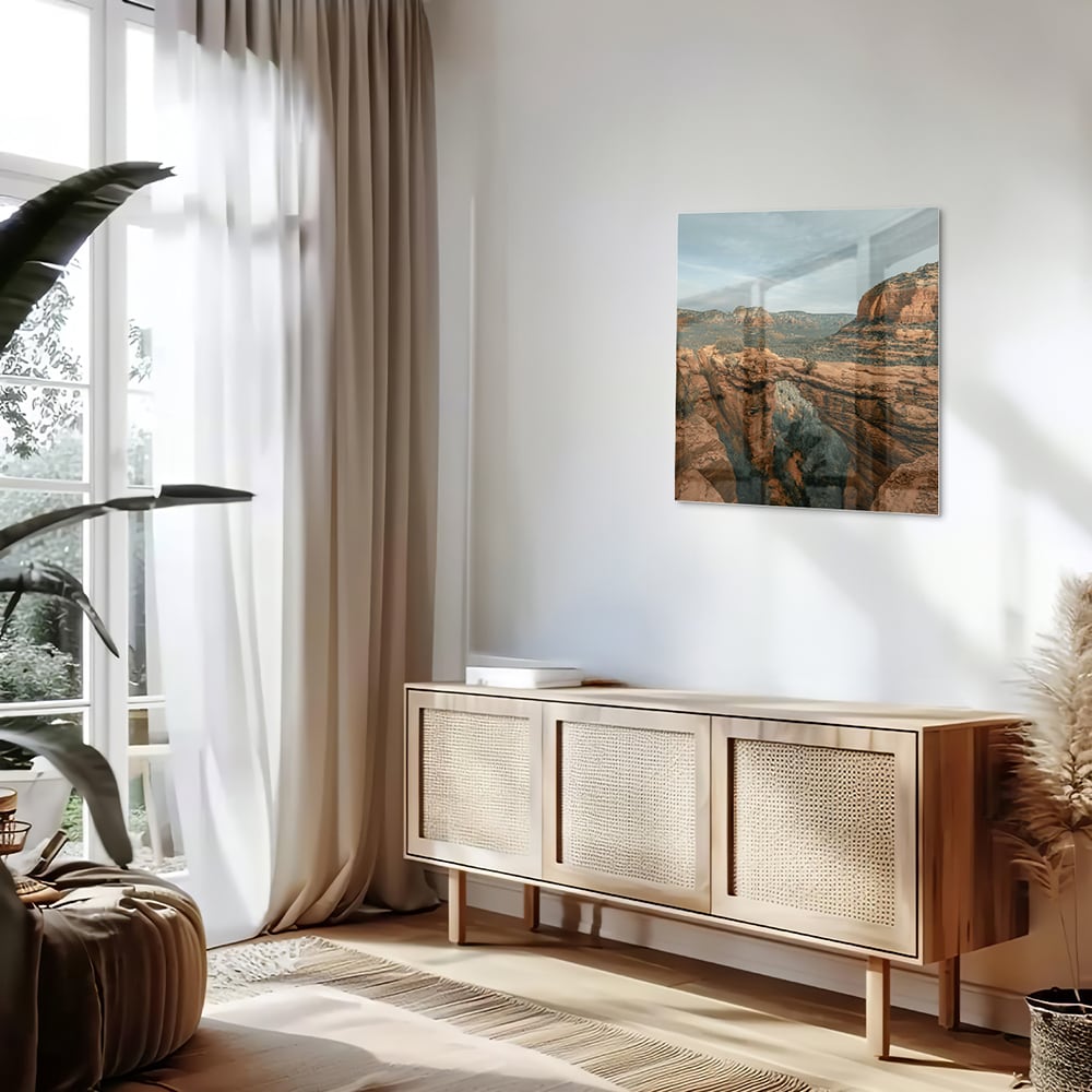 Glazen schilderij van berglandschap in warme aardetinten