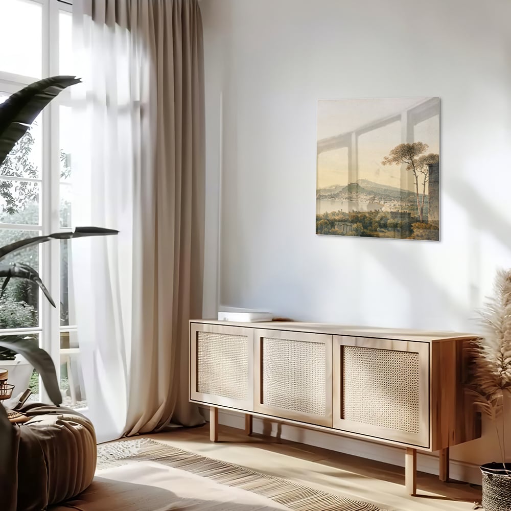 Glazenschilderij van een rustiek landschap met bergen en zonsopgang.