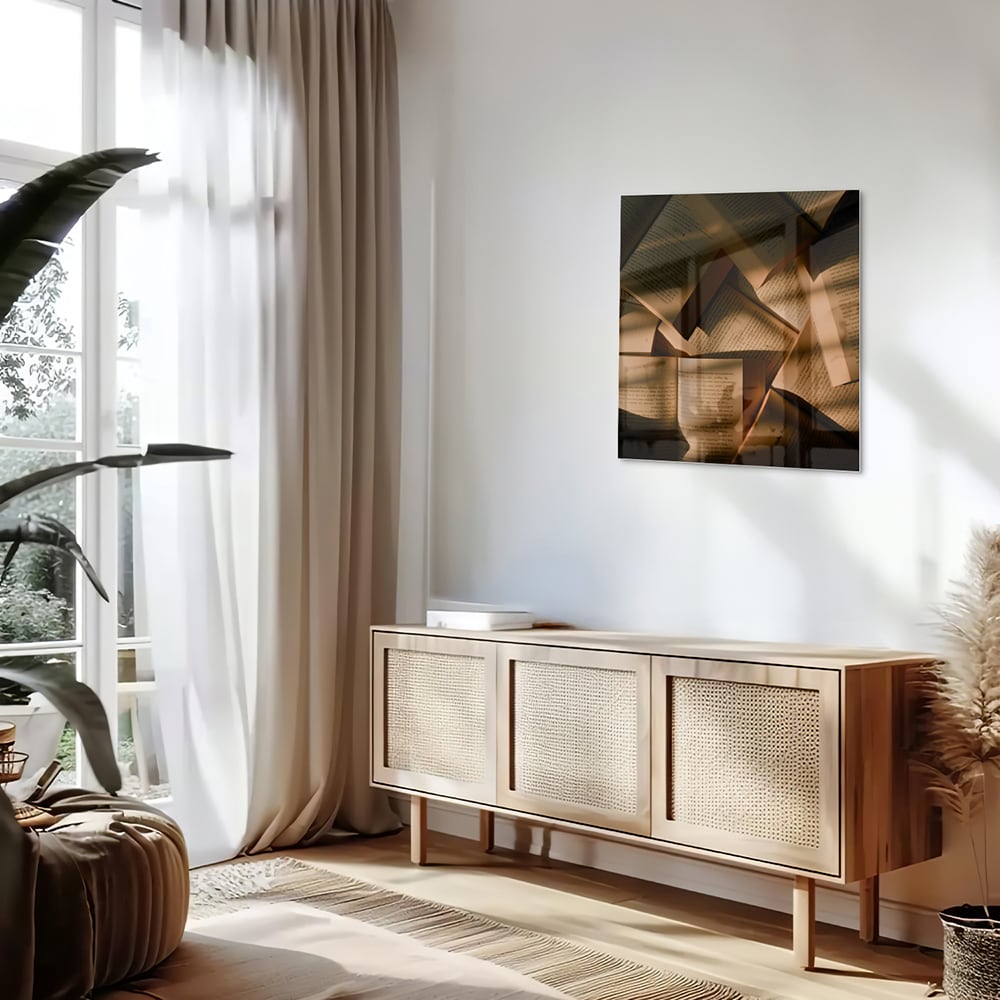 Glazen schilderij met abstracte vormen in moderne woonkamer