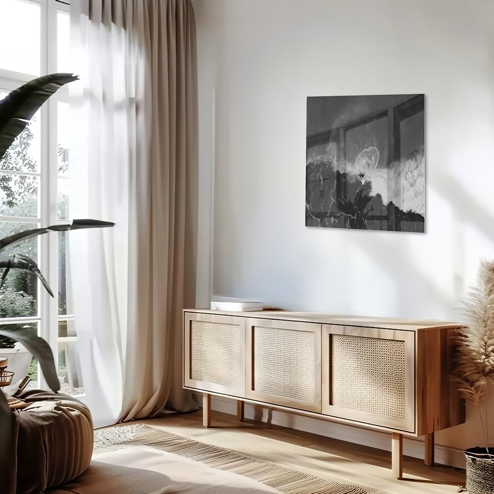 Abstract glazen schilderij in zwart-wit, perfect voor moderne interieurs.