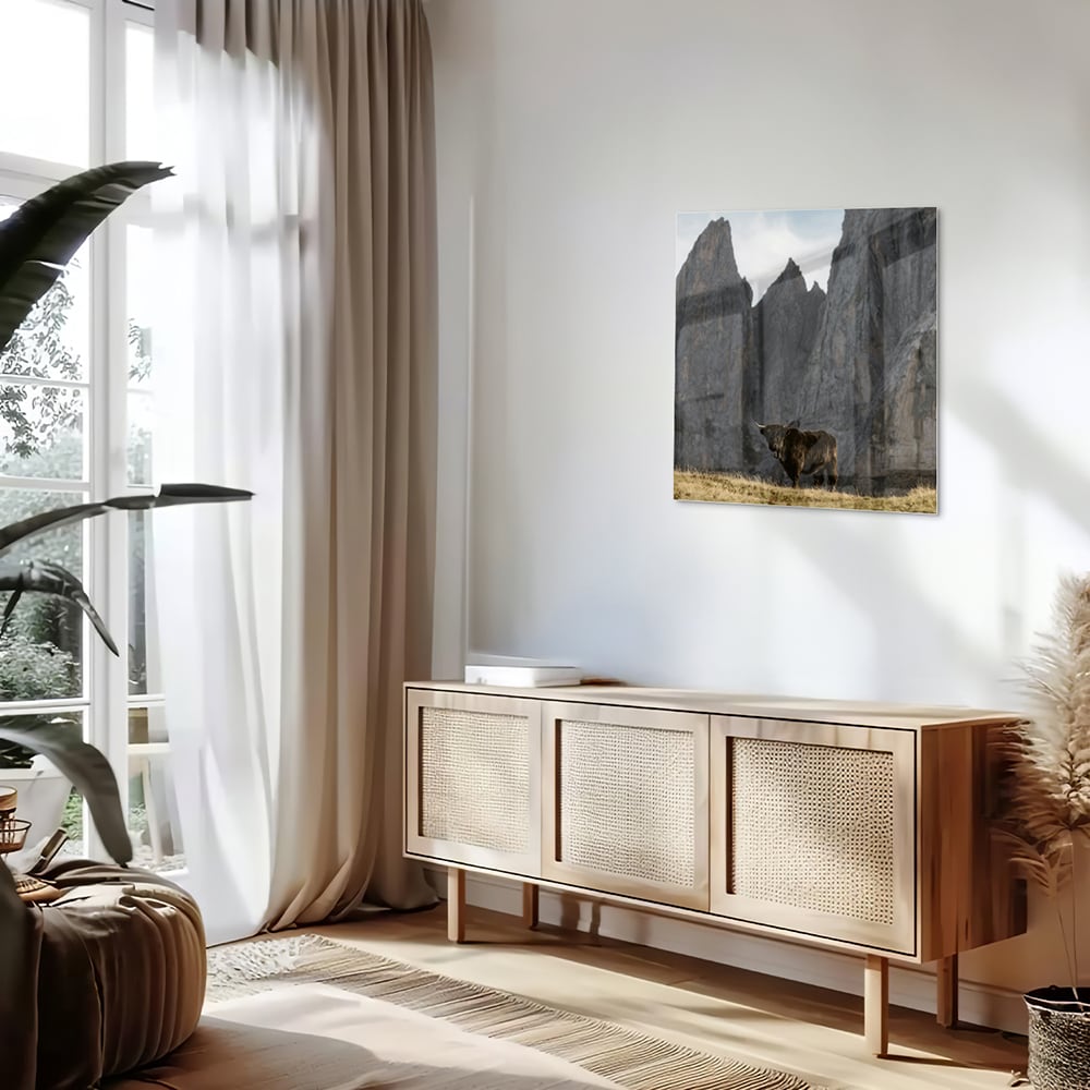 Glas schilderij van bergen met een koe in een groene wei.