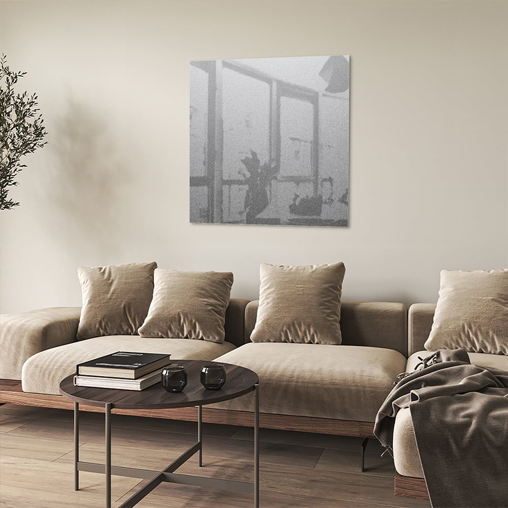 Minimalistisch glazen schilderij met reflecties, ideaal voor een modern interieur