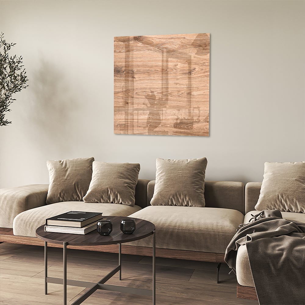 Glazen schilderij met een natuurlijke houtlook boven een moderne kast