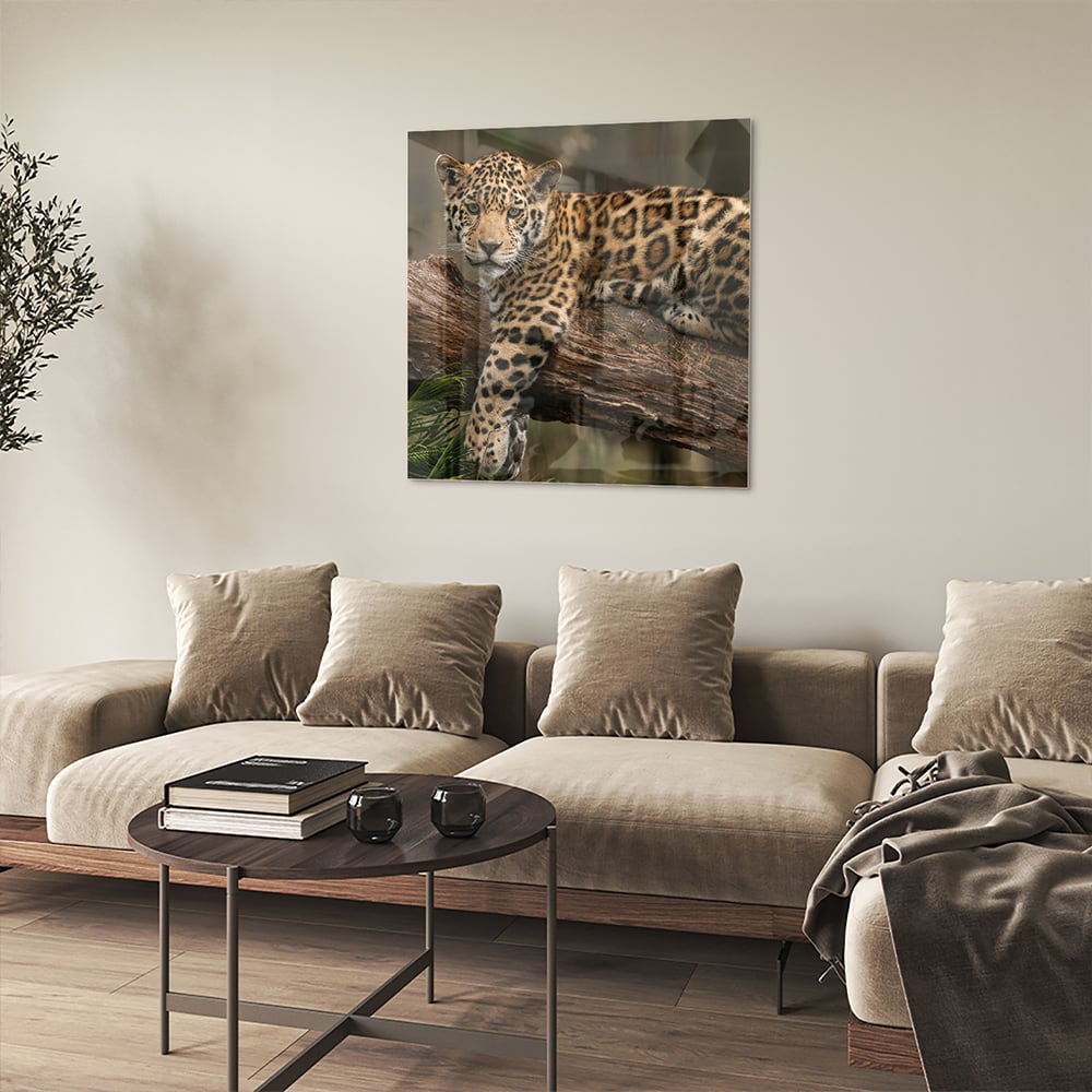 Glas schilderij van een jaguar die op een tak ligt, met een natuurlijke achtergrond.