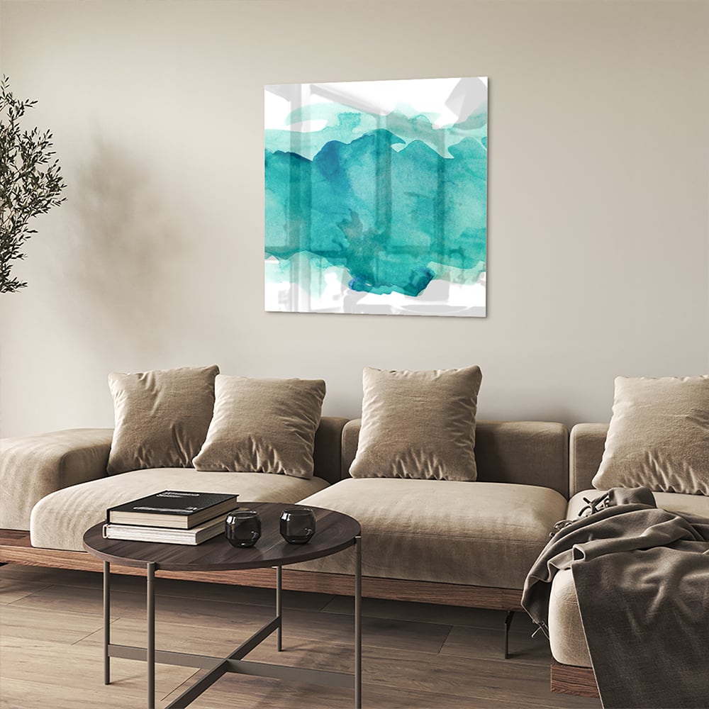 Abstract glazen schilderij met turquoise tinten, perfect voor moderne interieurs.
