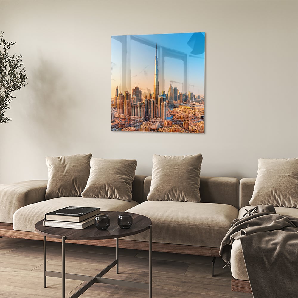 Glazen schilderij van de skyline van Dubai met Burj Khalifa tijdens zonsondergang