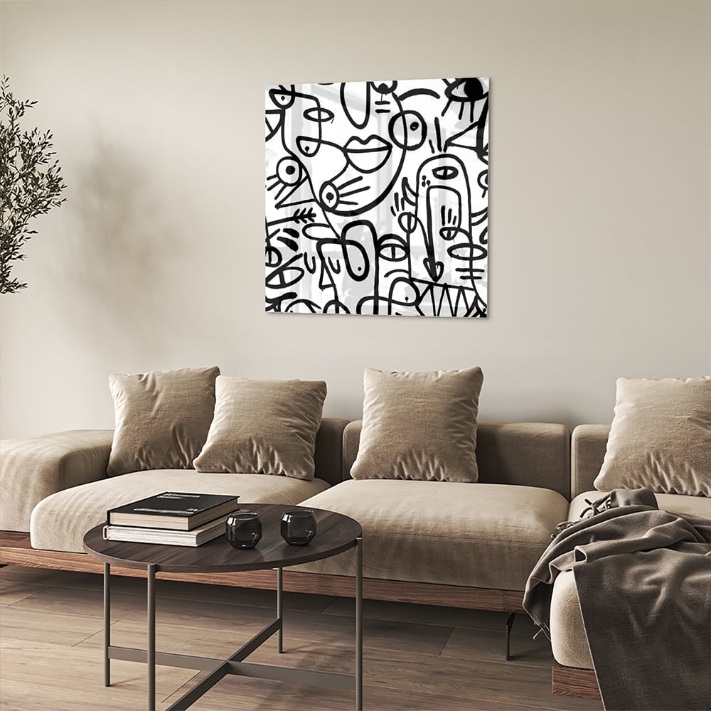 Abstract glazen schilderij in zwart-wit met vormen en lijnen