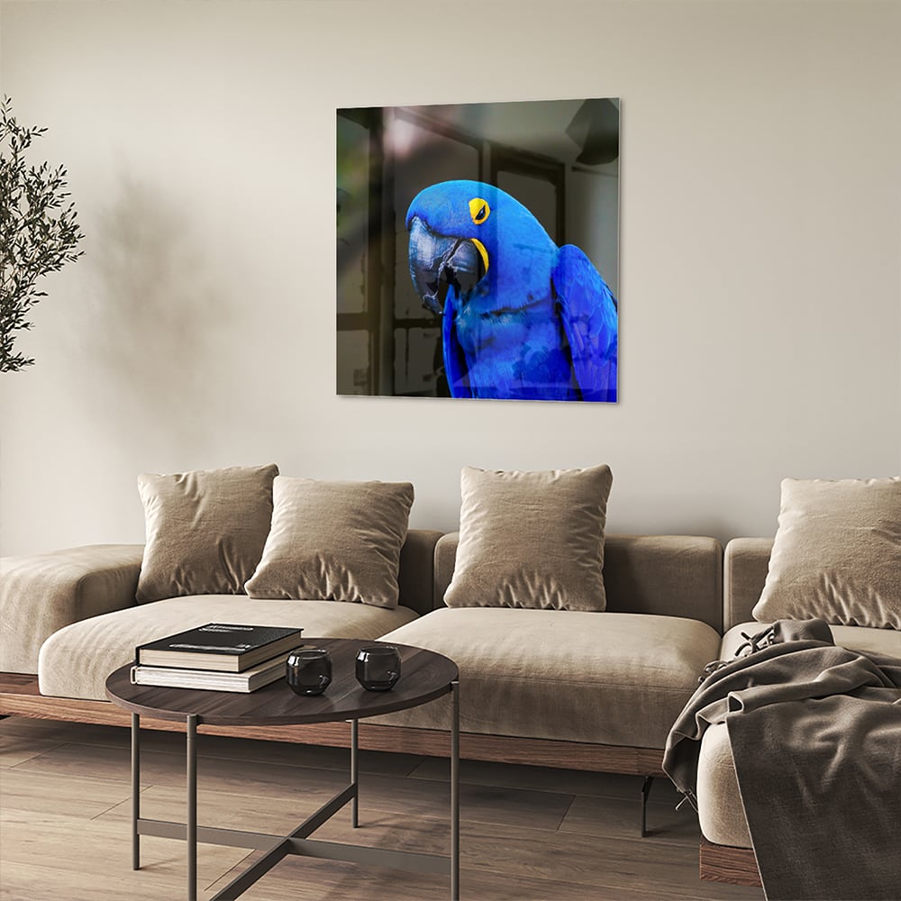 Glazen schilderij van een blauwe ara, ideaal voor wanddecoratie.