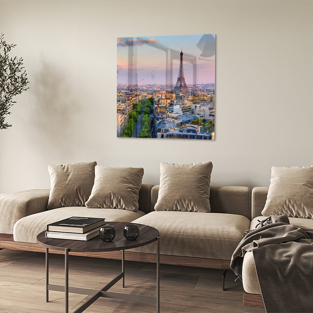Glas schilderij van de Eiffeltoren in Parijs bij zonsondergang