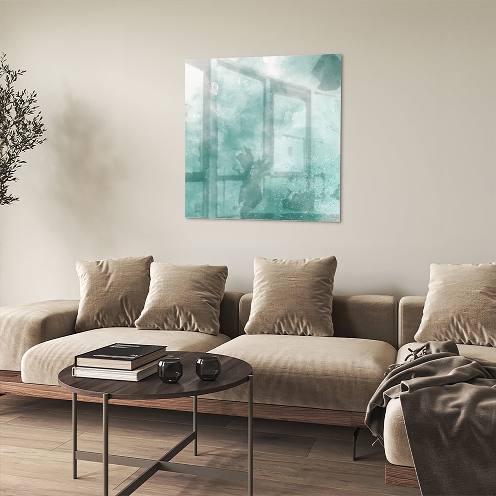 Abstract glazen schilderij in aquablauw kleur, past mooi in een modern interieur.