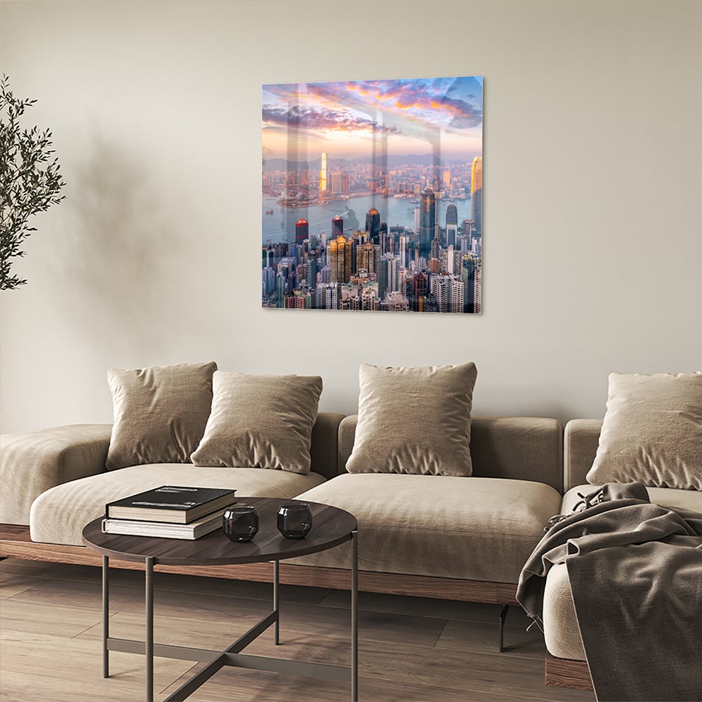 Glazen schilderij van een stadsgezicht met zonsondergang, perfect voor inrichting