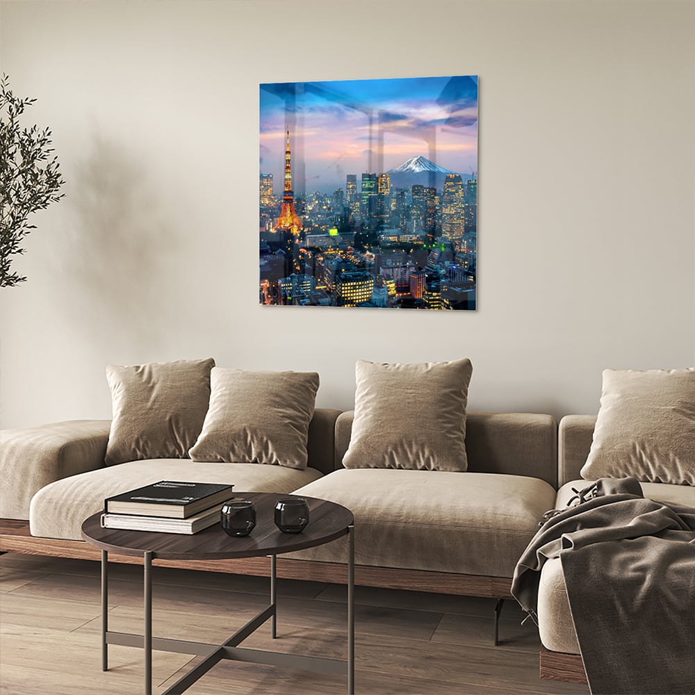 Glazen schilderij van Tokyo met de Tokyo Tower en Mount Fuji in de achtergrond