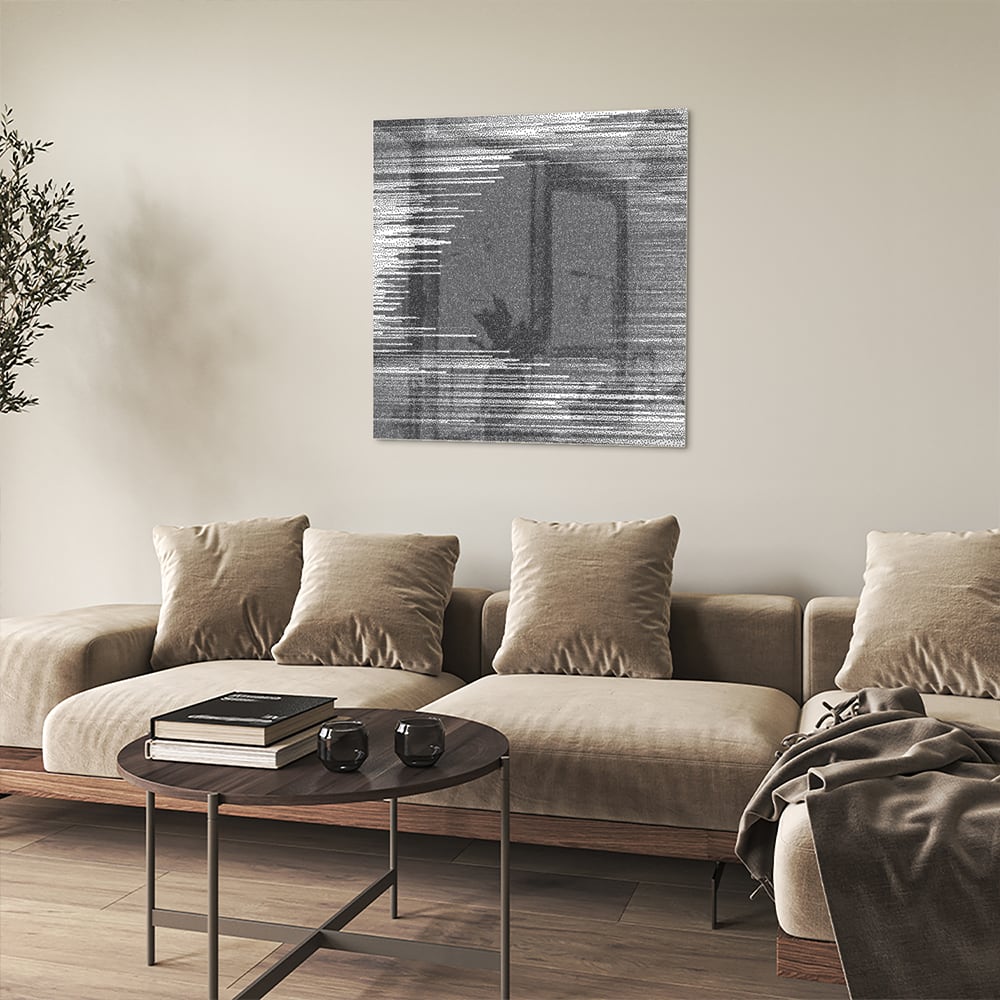 Abstract glazen schilderij in zwart-wit aan de muur met planten