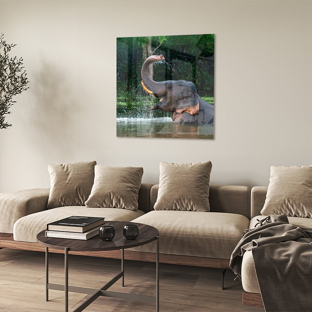 Glazen schilderij van een olifant die speelt in het water