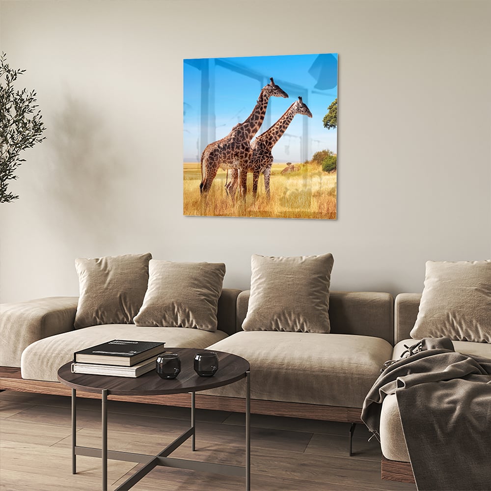 Glazen schilderij van twee giraffen in een Afrikaans landschap