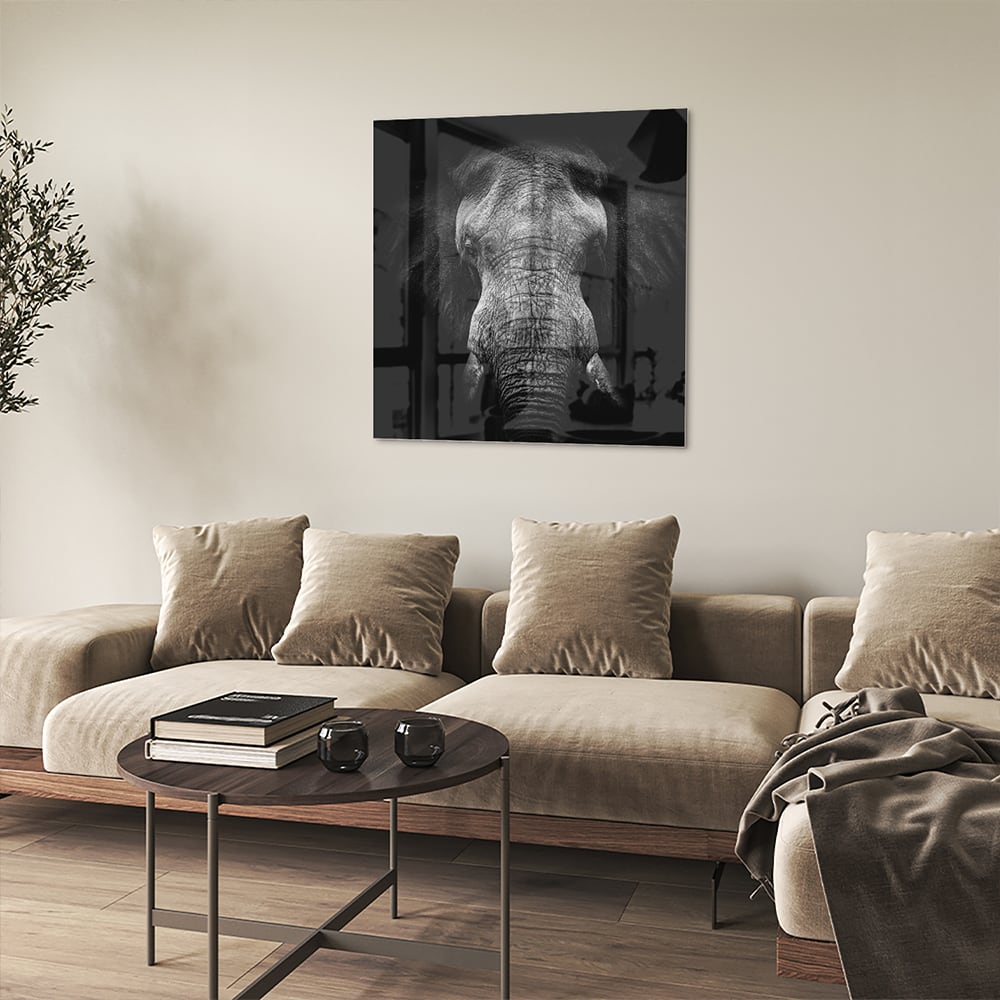 Glazen schilderij van een olifant in zwart-wit, perfect voor interieurdecoratie.
