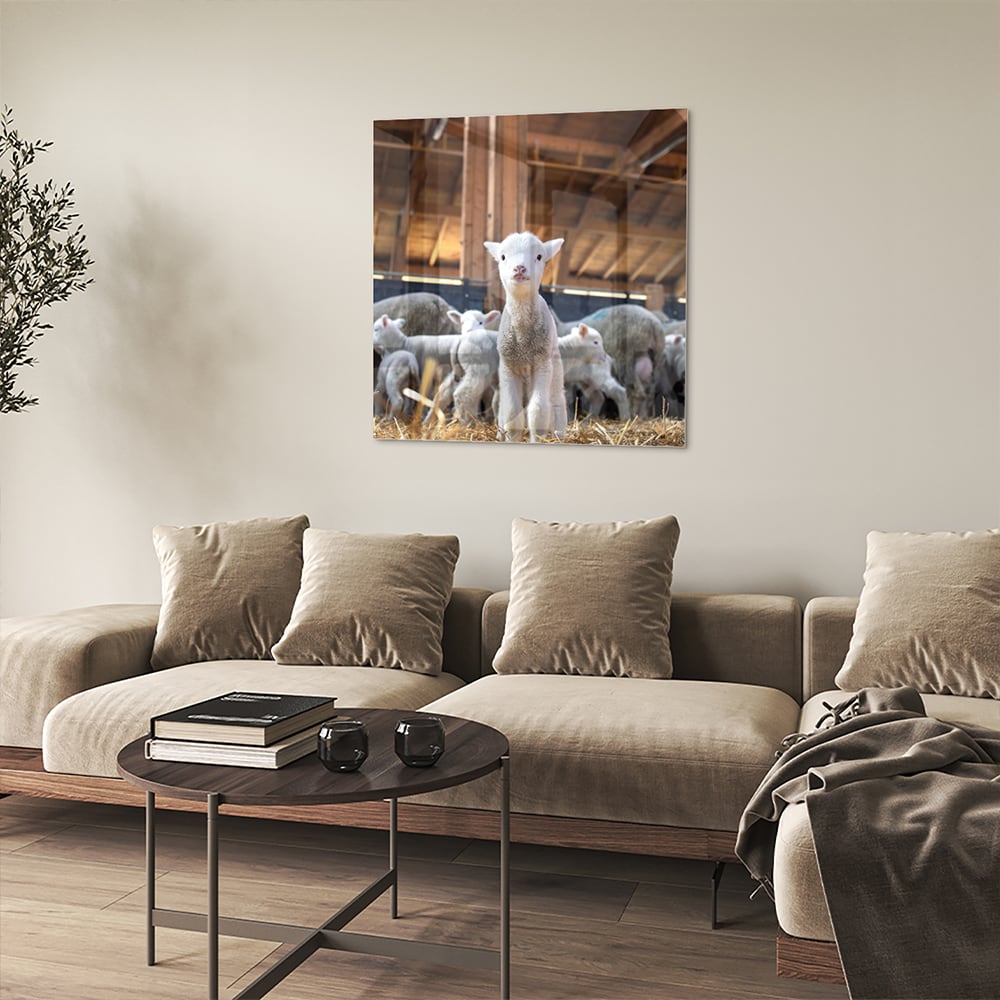 Glazen schilderij met lammetjes in een stal, perfect voor huisdecoratie.