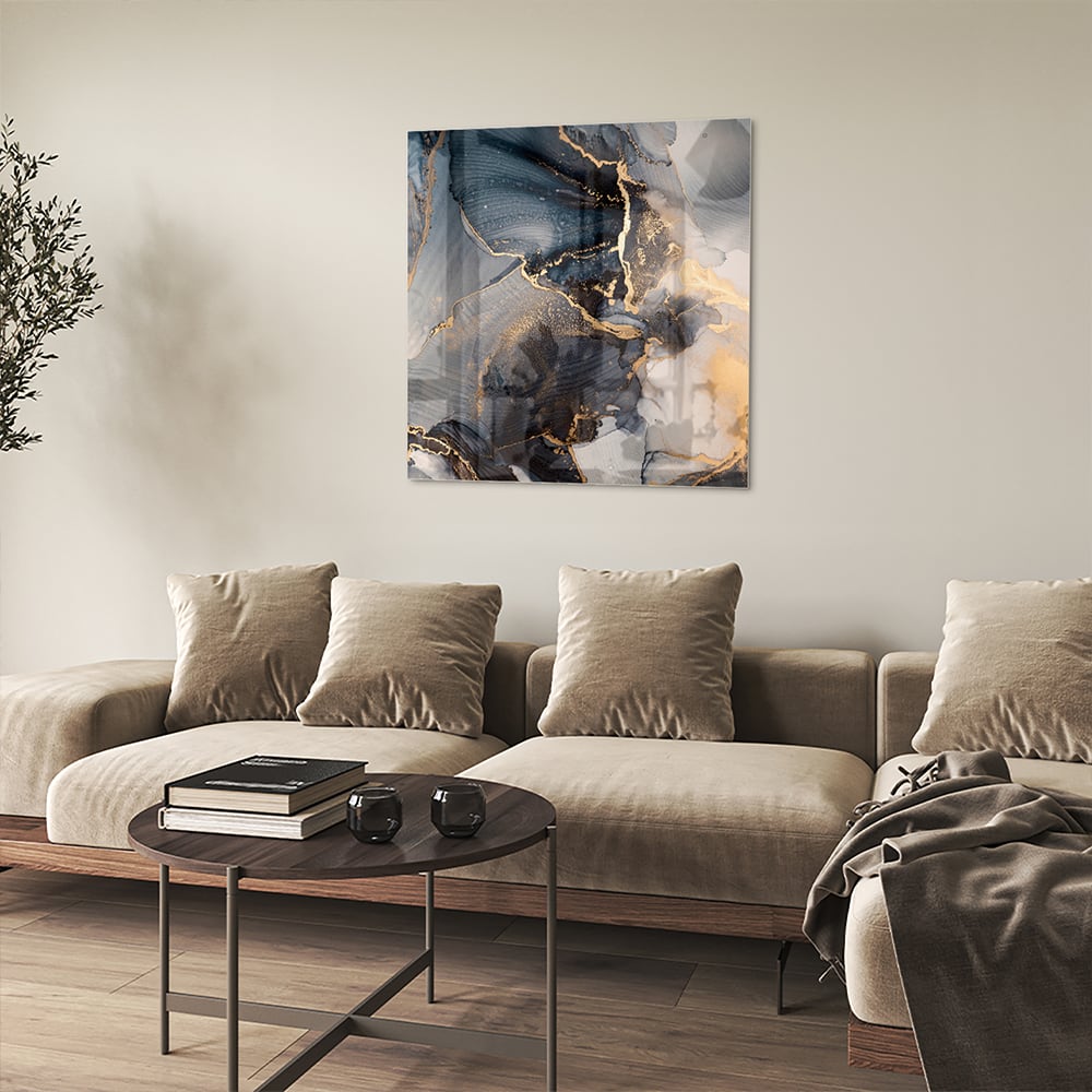 Elegant glazen schilderij met blauwe en gouden abstracte lagen