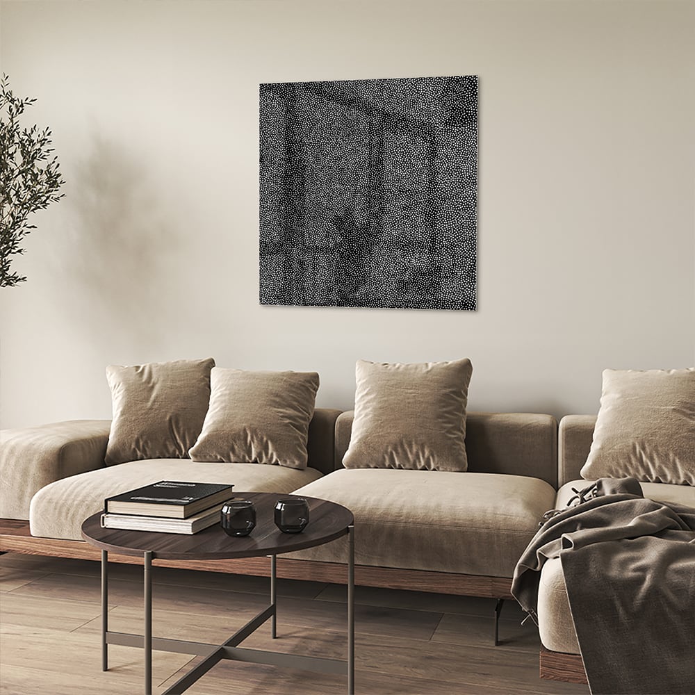 Abstract glazen schilderij in zwart-wit aan de muur
