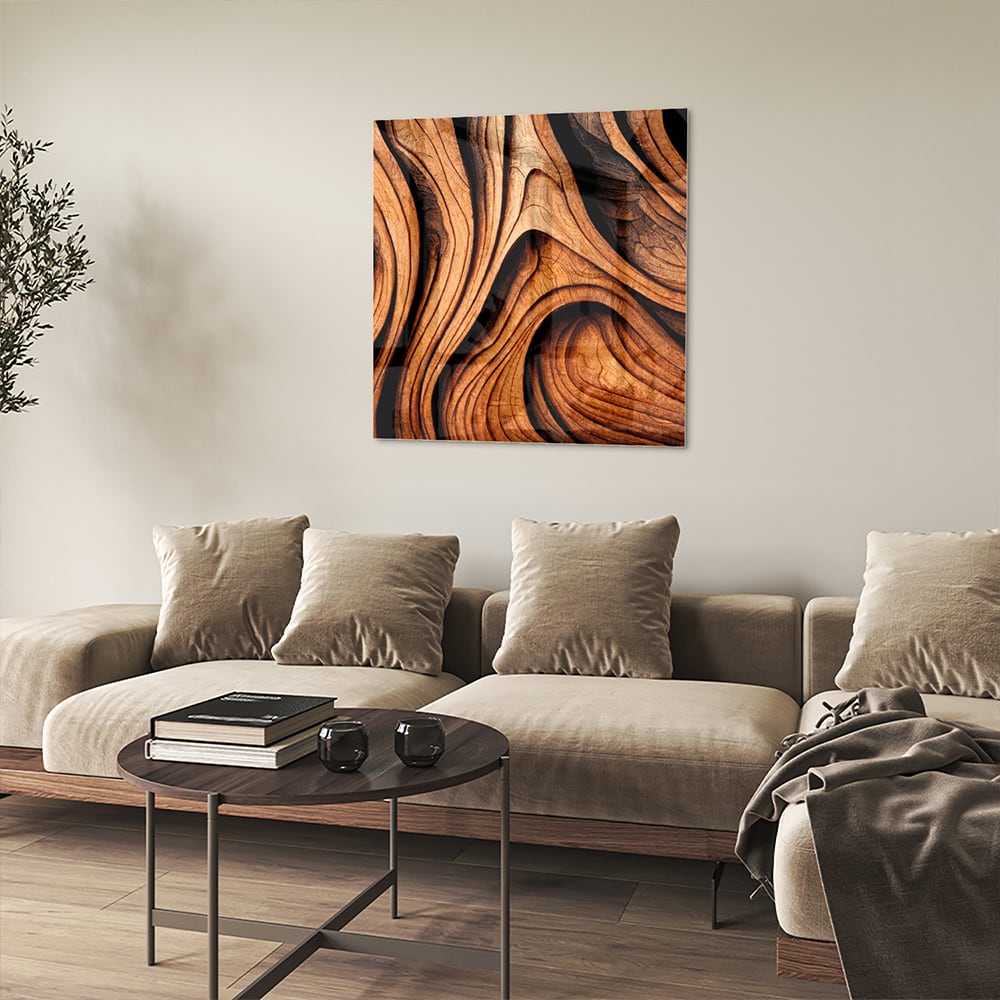 Glas schilderij met houtstrukturen in warme tinten, perfect voor wanddecoratie.