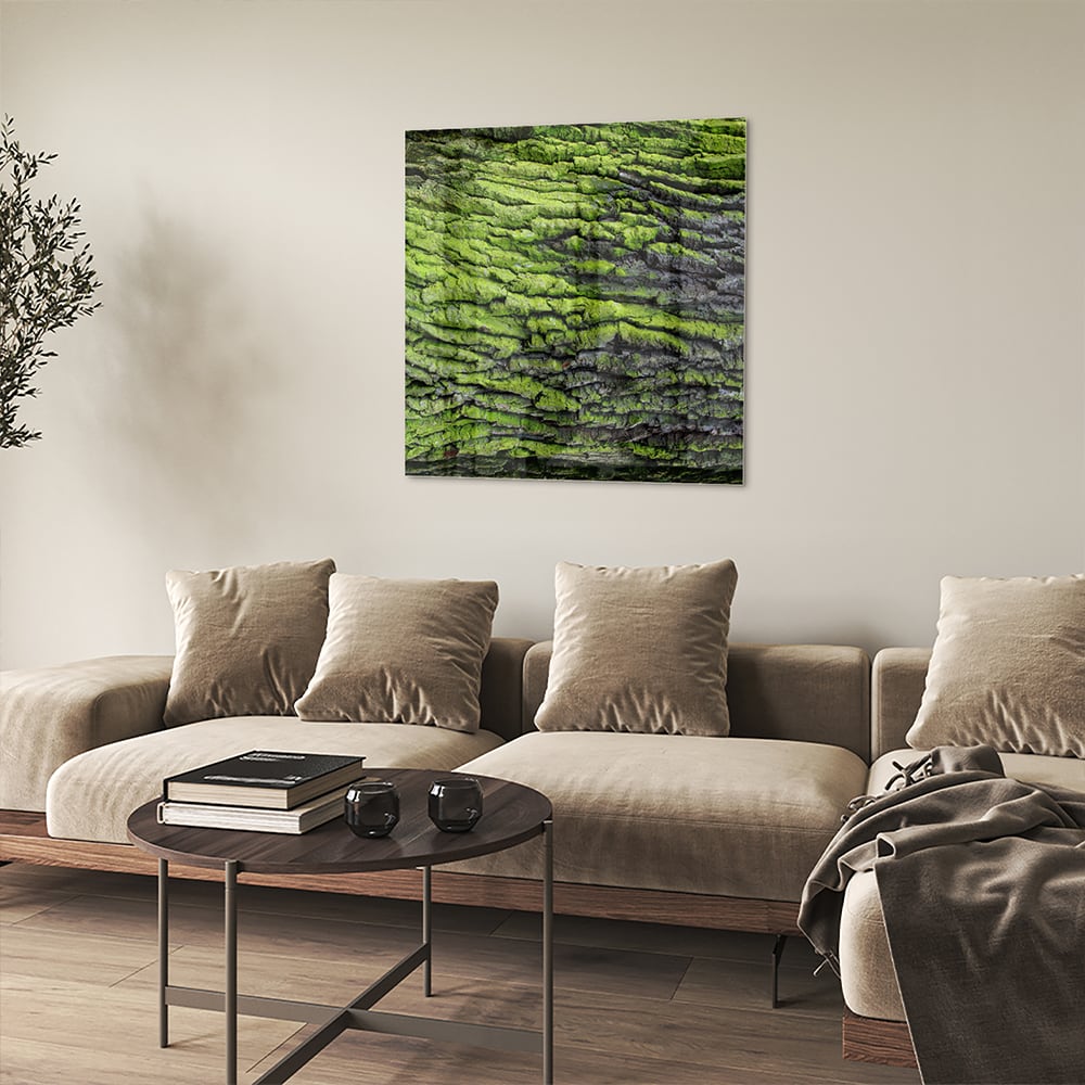 Glazen schilderij met groene mosachtige textuur aan een muur