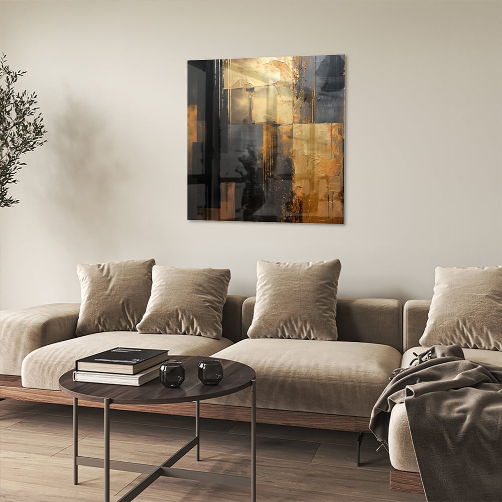 Abstract glazen schilderij in goud en zwart, perfect voor moderne interieurs.