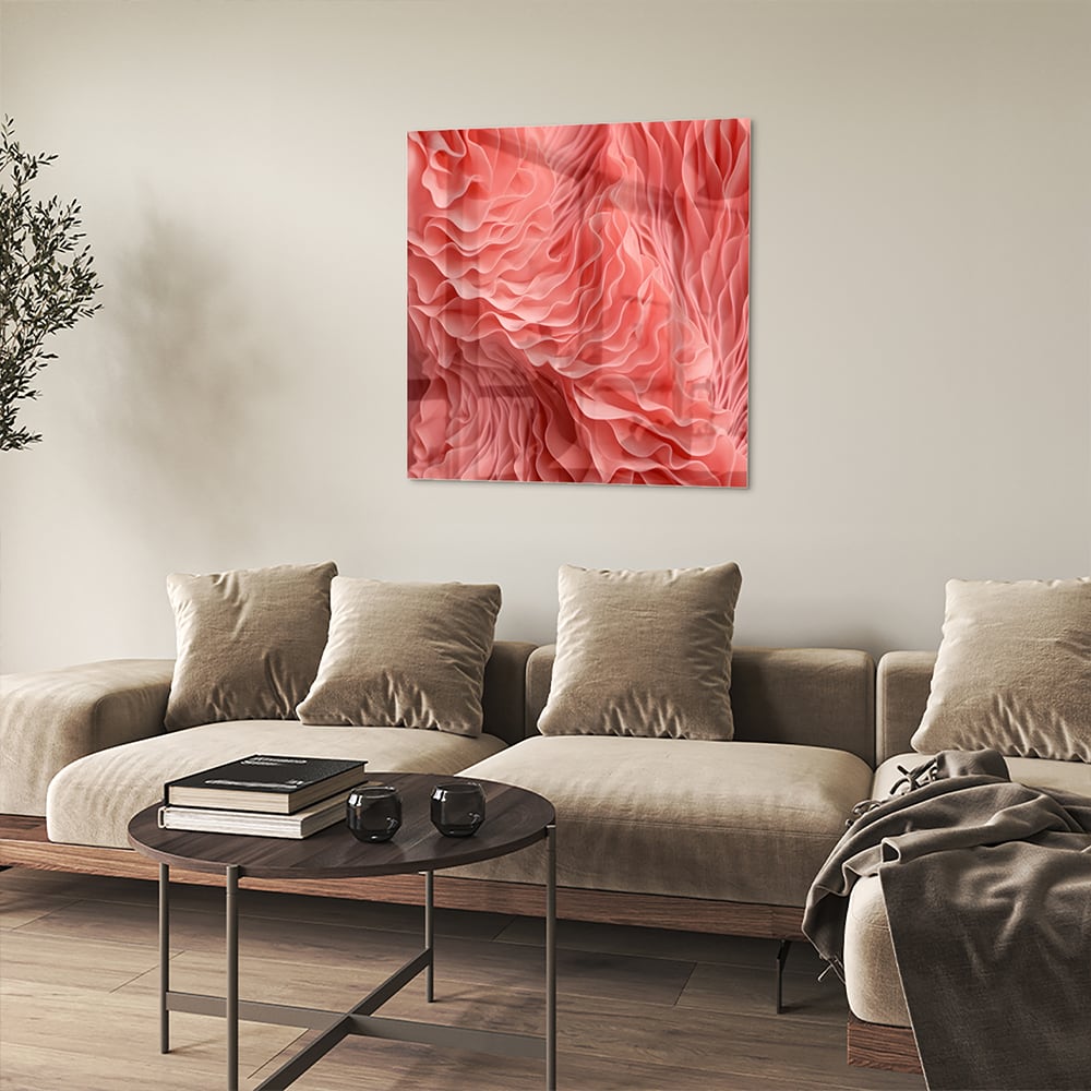 Abstract glazen schilderij in roze met golvende patronen, perfect voor wanddecoratie.