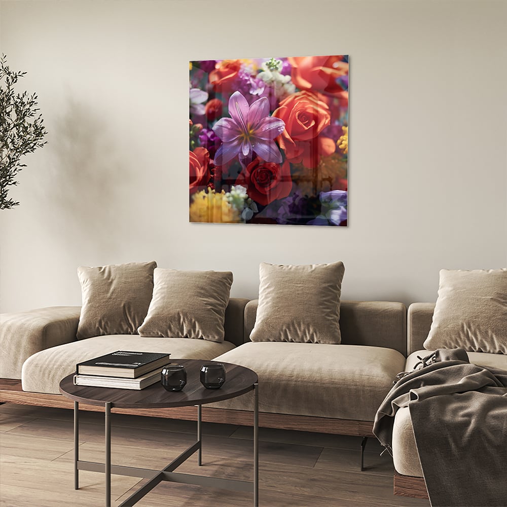 Kleurrijk glazen schilderij met een prachtige bloemencompositie.