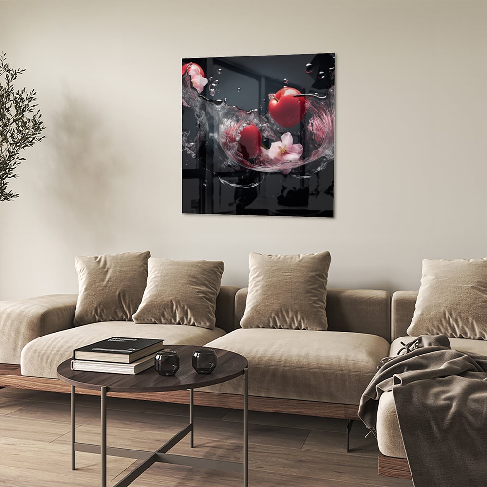 Glazen schilderij met roze bloemen en waterdruppels op een zwarte achtergrond.