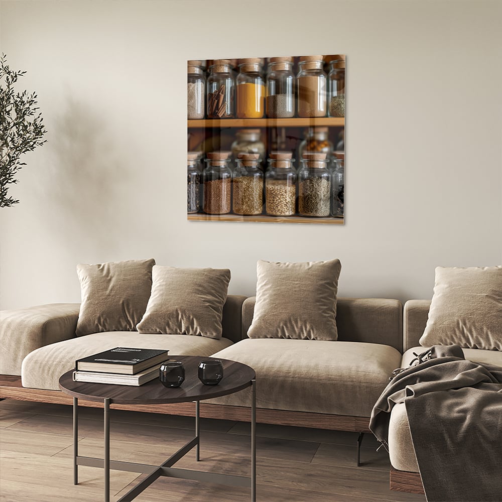 Glazen schilderij met een houten plank vol Mason jars gevuld met specerijen.