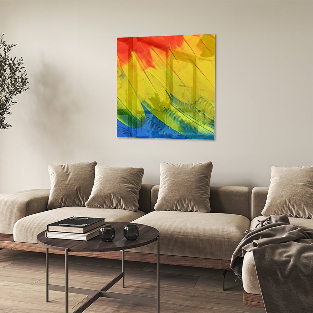 Abstract glazen schilderij met kleurrijke golven in rood, geel en blauw