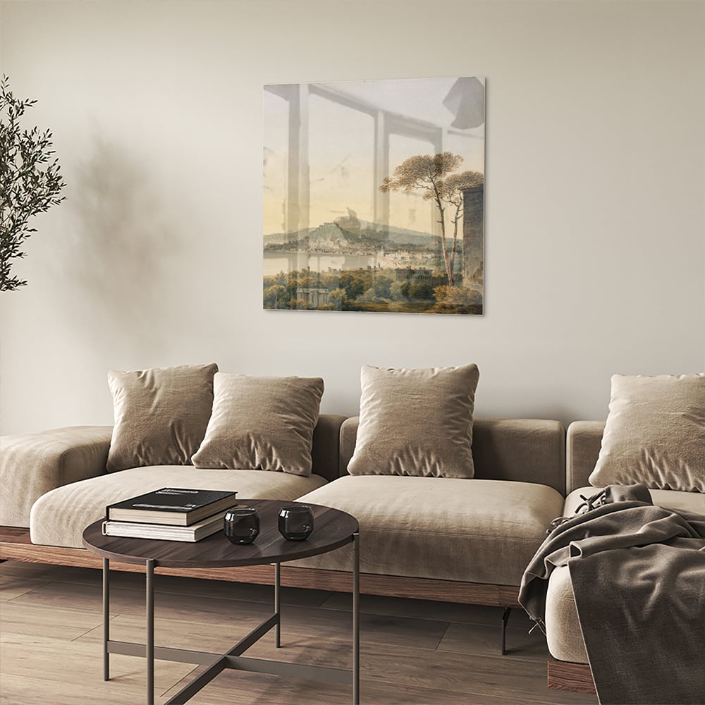 Glazenschilderij van een rustiek landschap met bergen en zonsopgang.