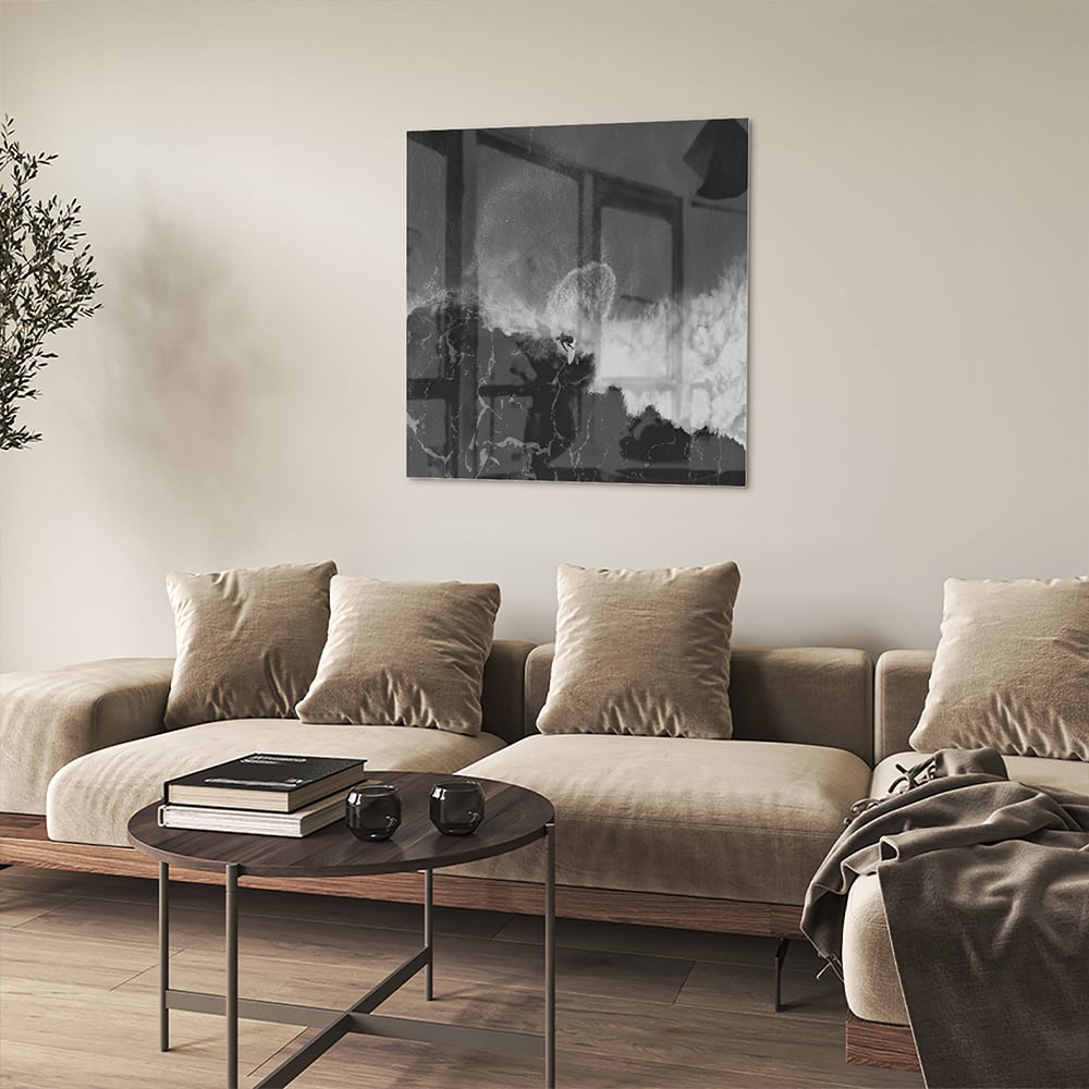 Abstract glazen schilderij in zwart-wit, perfect voor moderne interieurs.