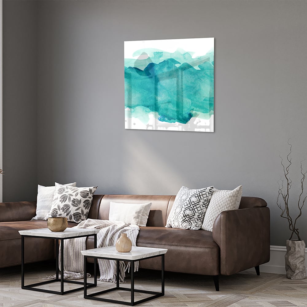 Abstract glazen schilderij met turquoise tinten, perfect voor moderne interieurs.