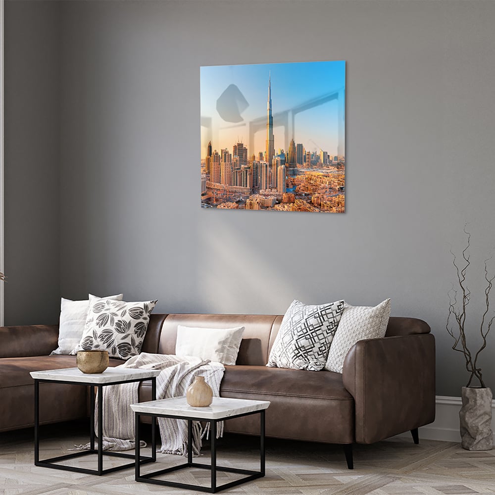 Glazen schilderij van de skyline van Dubai met Burj Khalifa tijdens zonsondergang