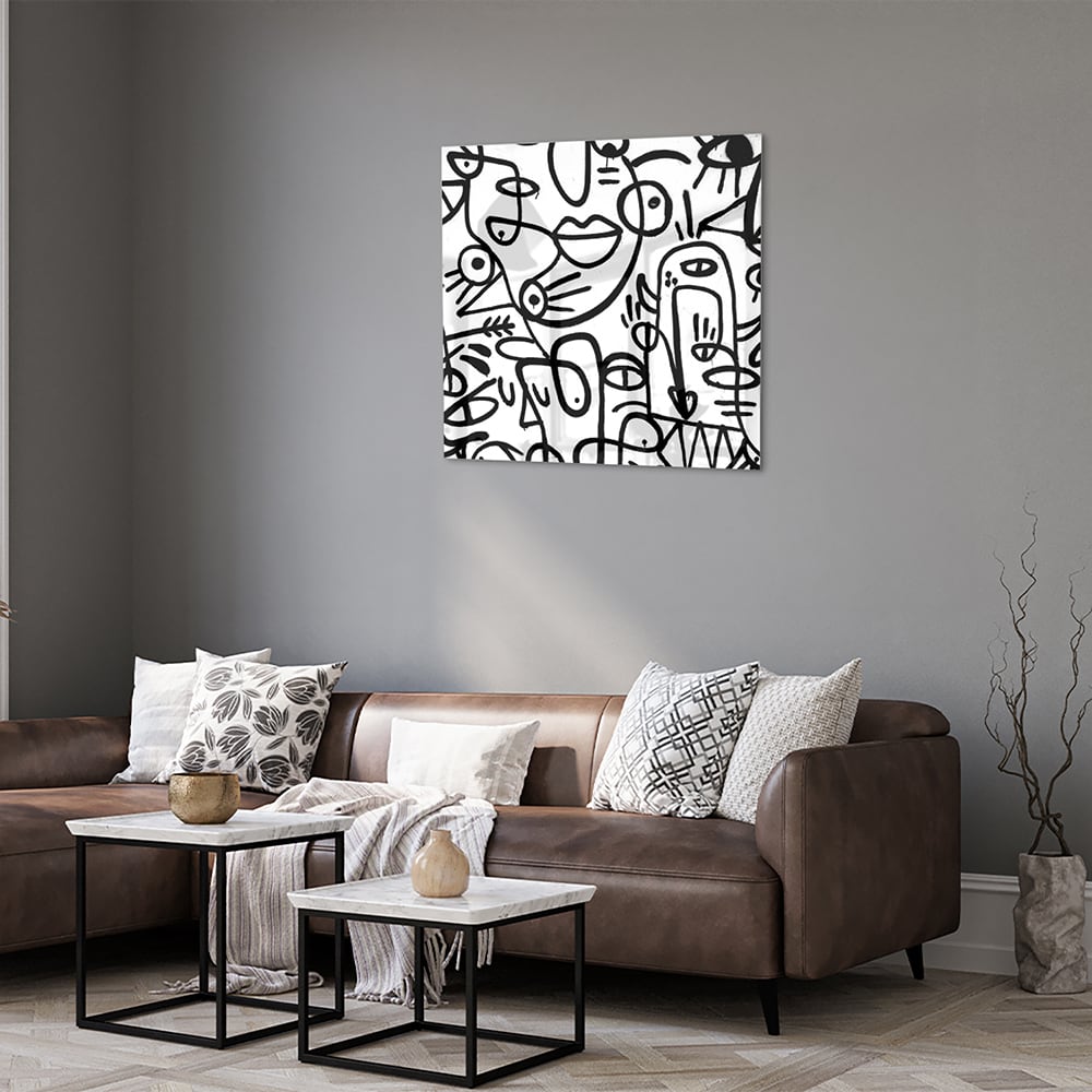Abstract glazen schilderij in zwart-wit met vormen en lijnen