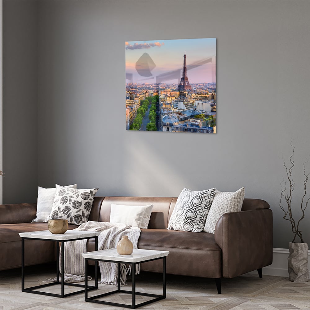Glas schilderij van de Eiffeltoren in Parijs bij zonsondergang
