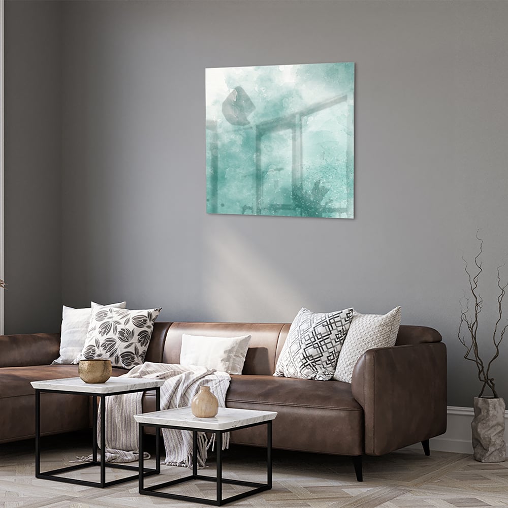 Abstract glazen schilderij in aquablauw kleur, past mooi in een modern interieur.